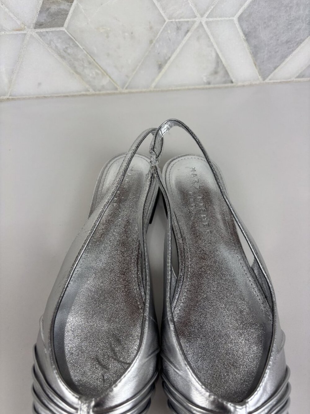 7.5M Marc Fisher Dalatee Silver Ruched Gathered Pointed Toe Slingback Flat Shoe - Picture 9 of 14